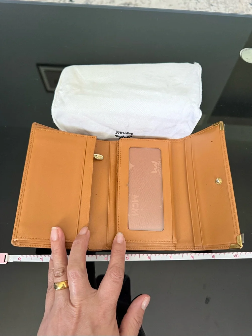 MCM Cognac Visetos Monogram Zip Wallet with Gold Plaque
